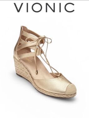 VIONIC ARUBA CALYPSO GOLD ESPADRILLE WEDGE SANDALS LACE UP TSTRAP SIZE 7 COMFORT